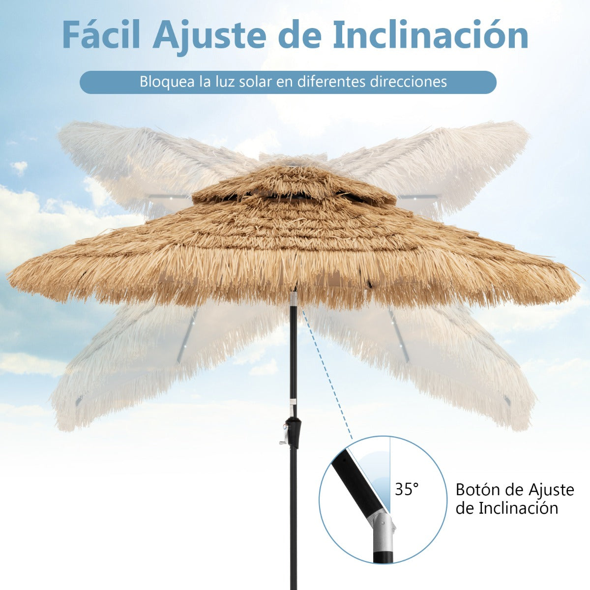 Sombrilla 256 cm de Estilo Hawaiano con 8 Varillas 32 Luces LED Manivela Manual Inclinación de 35°