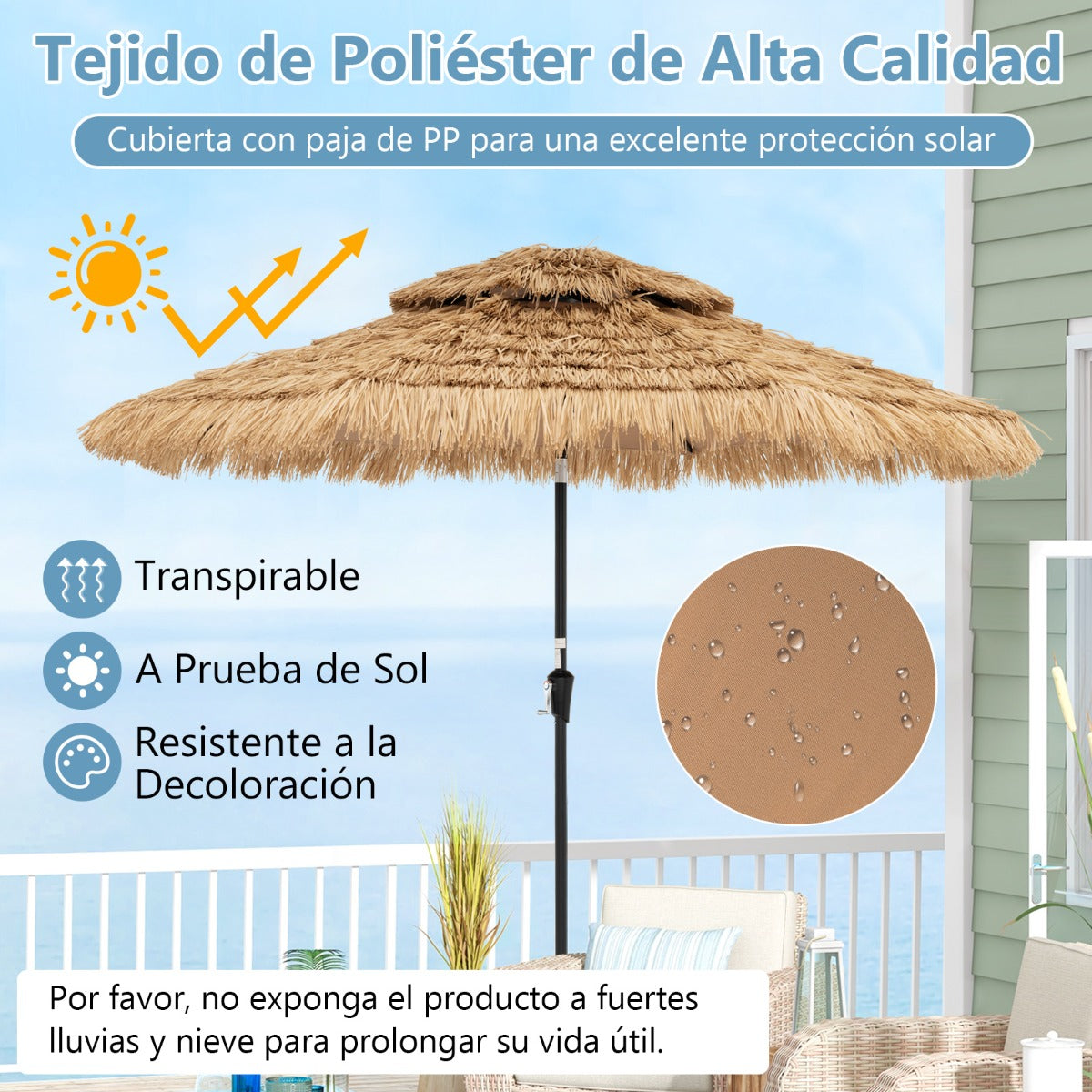 Sombrilla 256 cm de Estilo Hawaiano con 8 Varillas 32 Luces LED Manivela Manual Inclinación de 35°