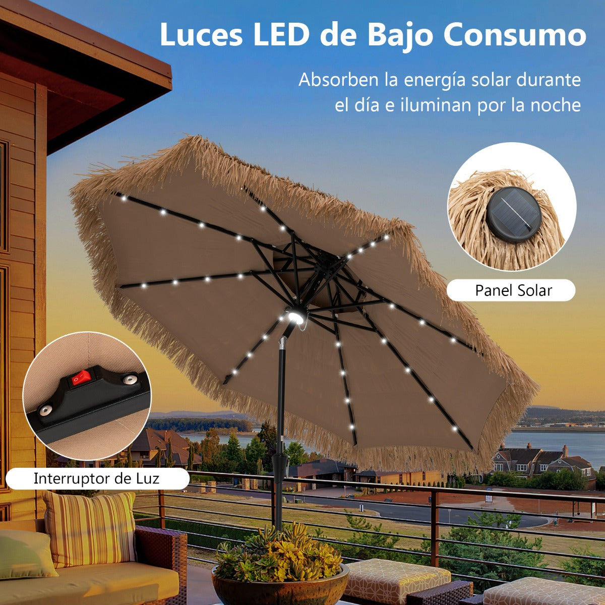 Sombrilla 256 cm de Estilo Hawaiano con 8 Varillas 32 Luces LED Manivela Manual Inclinación de 35°