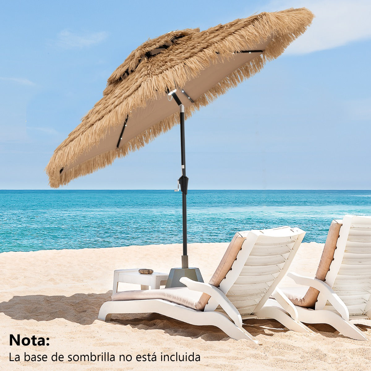 Sombrilla 256 cm de Estilo Hawaiano con 8 Varillas 32 Luces LED Manivela Manual Inclinación de 35°
