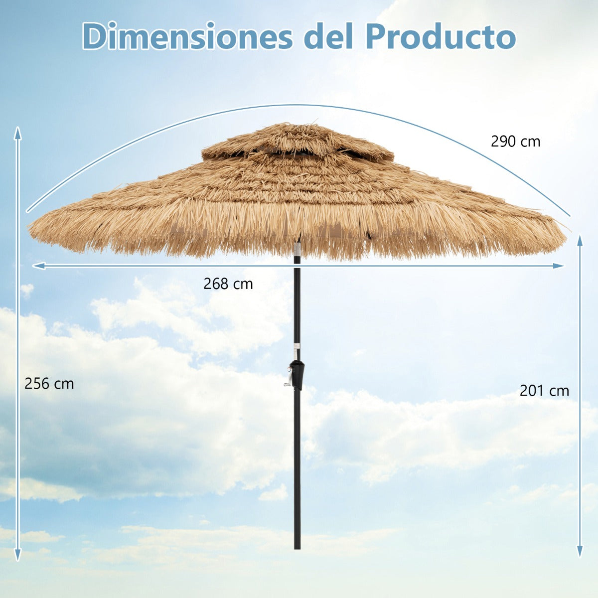 Sombrilla 256 cm de Estilo Hawaiano con 8 Varillas 32 Luces LED Manivela Manual Inclinación de 35°