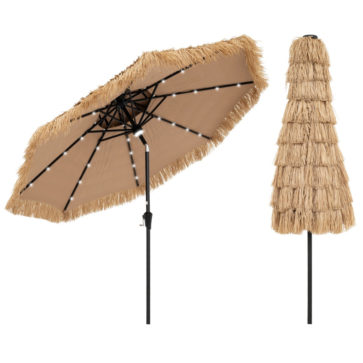 Sombrilla 256 cm de Estilo Hawaiano con 8 Varillas 32 Luces LED Manivela Manual Inclinación de 35°