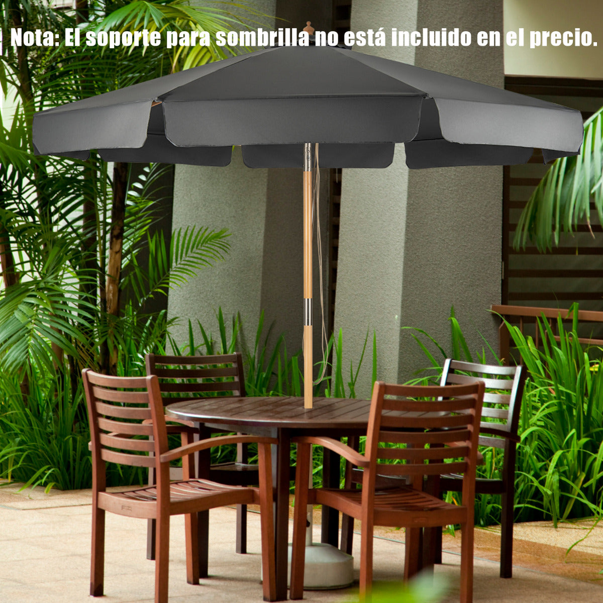 Sombrilla de Exterior con Botón Manual 8 Varillas de Madera Blancas Tejido Poliéster Impermeable para Patio Playa Piscina Gris 300 x 253 cm