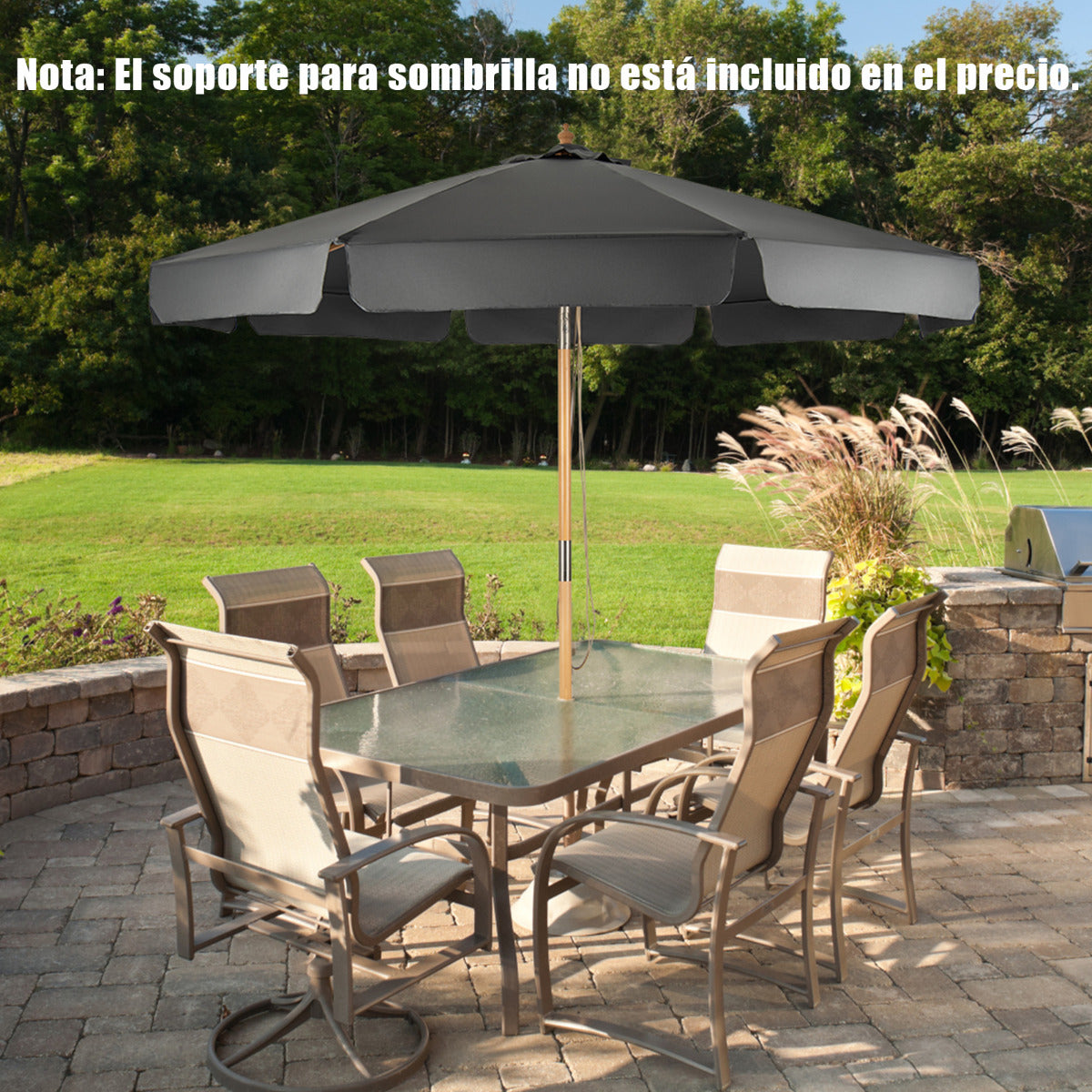 Sombrilla de Exterior con Botón Manual 8 Varillas de Madera Blancas Tejido Poliéster Impermeable para Patio Playa Piscina Gris 300 x 253 cm