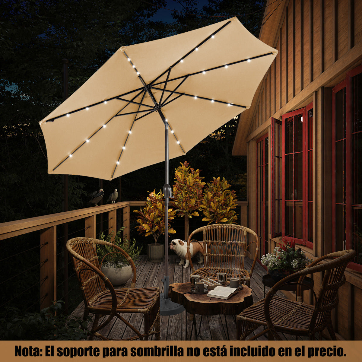 3M Solar LED Sombrilla de Playa Plegable Quitasol Parasol para Jardín Patio Balcón Beige