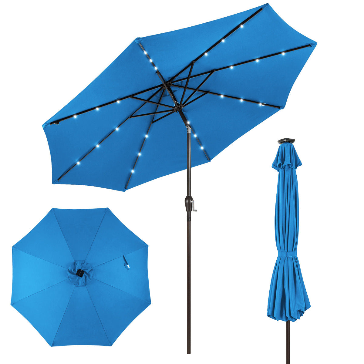 3M Sombrilla Solar de Playa Plegable con 24 Luces LED Parasol Inclinable con Manivela 8 Costillas para Jardín Patio Balcón Azul