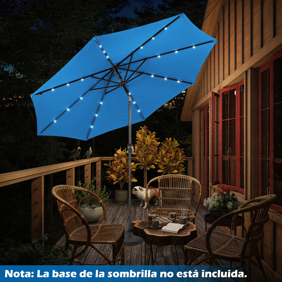 3M Sombrilla Solar de Playa Plegable con 24 Luces LED Parasol Inclinable con Manivela 8 Costillas para Jardín Patio Balcón Azul