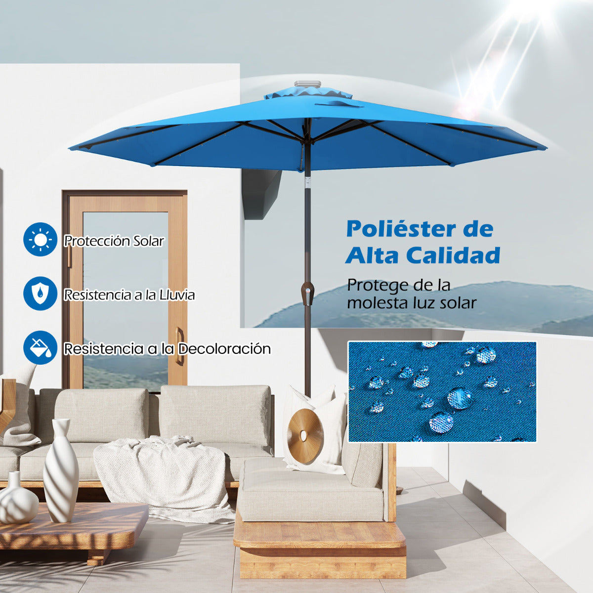 3M Sombrilla Solar de Playa Plegable con 24 Luces LED Parasol Inclinable con Manivela 8 Costillas para Jardín Patio Balcón Azul