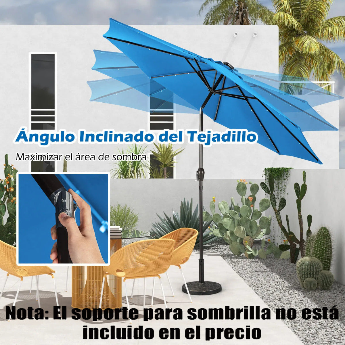 3M Sombrilla Solar de Playa Plegable con 24 Luces LED Parasol Inclinable con Manivela 8 Costillas para Jardín Patio Balcón Azul