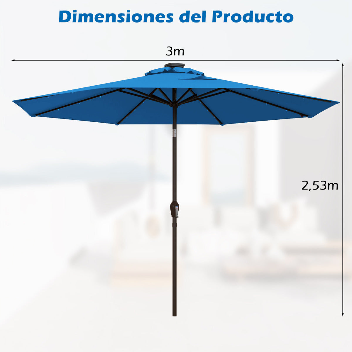 3M Sombrilla Solar de Playa Plegable con 24 Luces LED Parasol Inclinable con Manivela 8 Costillas para Jardín Patio Balcón Azul