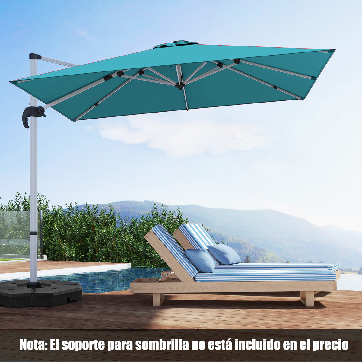 Sombrilla 3 m Cuadrada de Aluminio con Rotación de 360° Inclinación Ajustable Resistente al Viento para Patio Piscina Terraza Azul