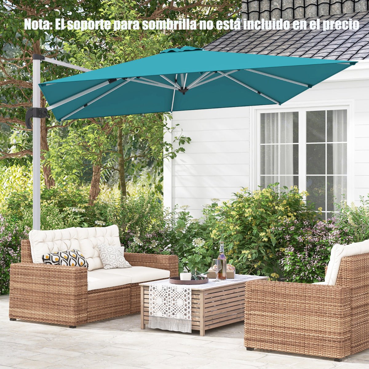 Sombrilla 3 m Cuadrada de Aluminio con Rotación de 360° Inclinación Ajustable Resistente al Viento para Patio Piscina Terraza Azul