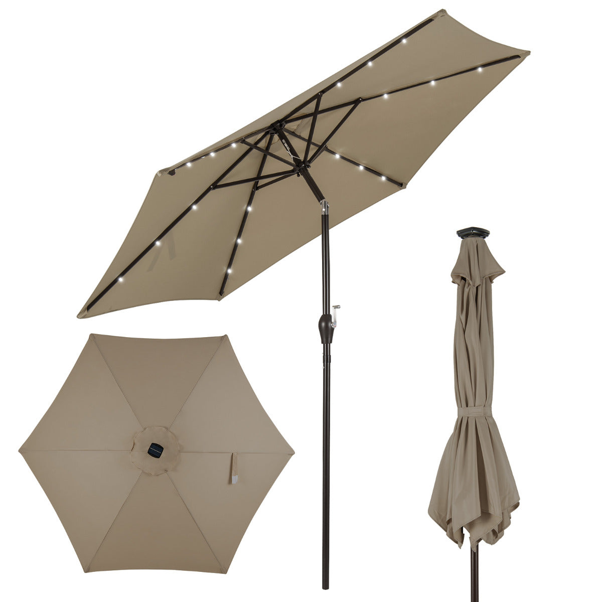 Paraguas con luces de jardín LED en hierro de Ø270 cm Parasol exterior Marrón