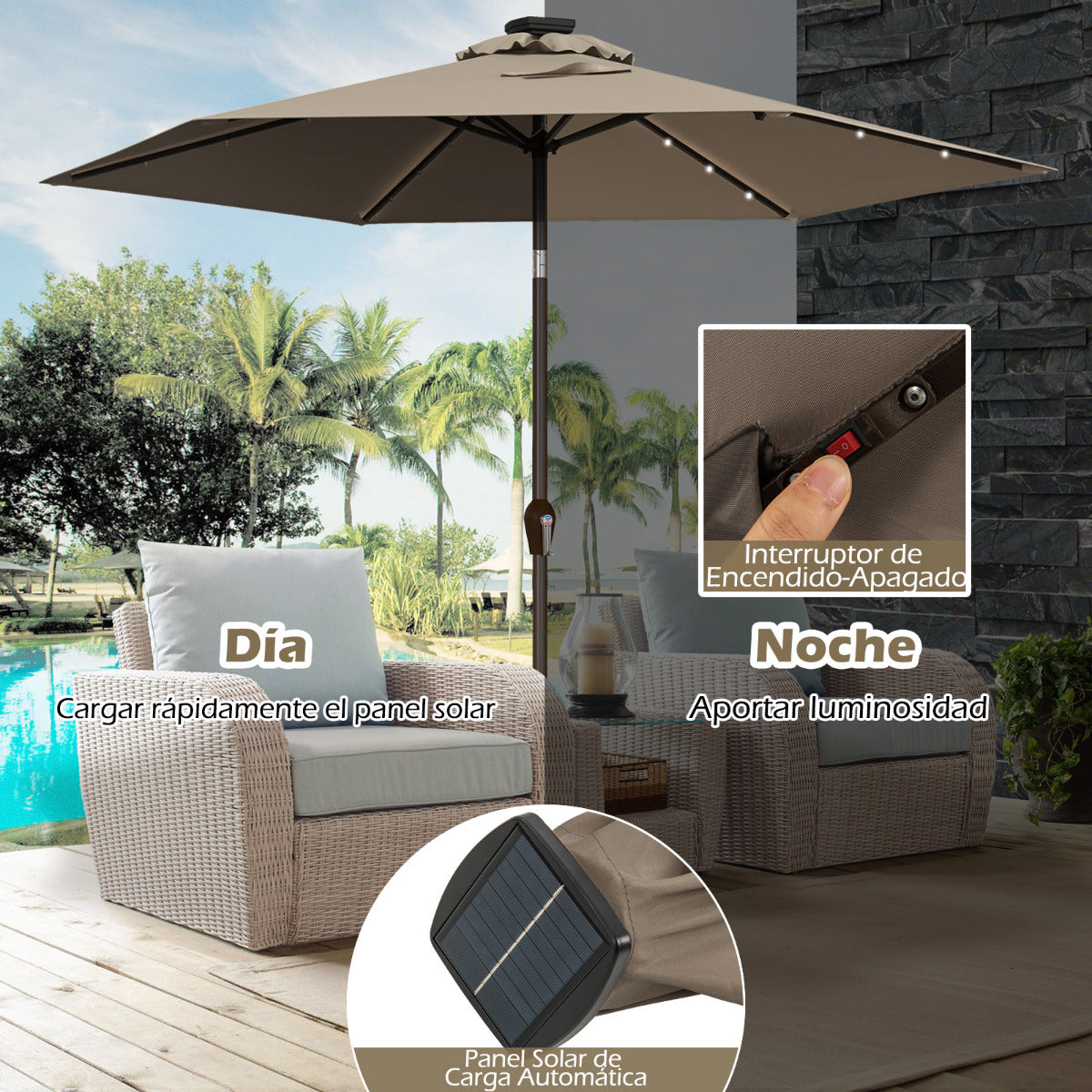 Paraguas con luces de jardín LED en hierro de Ø270 cm Parasol exterior Marrón
