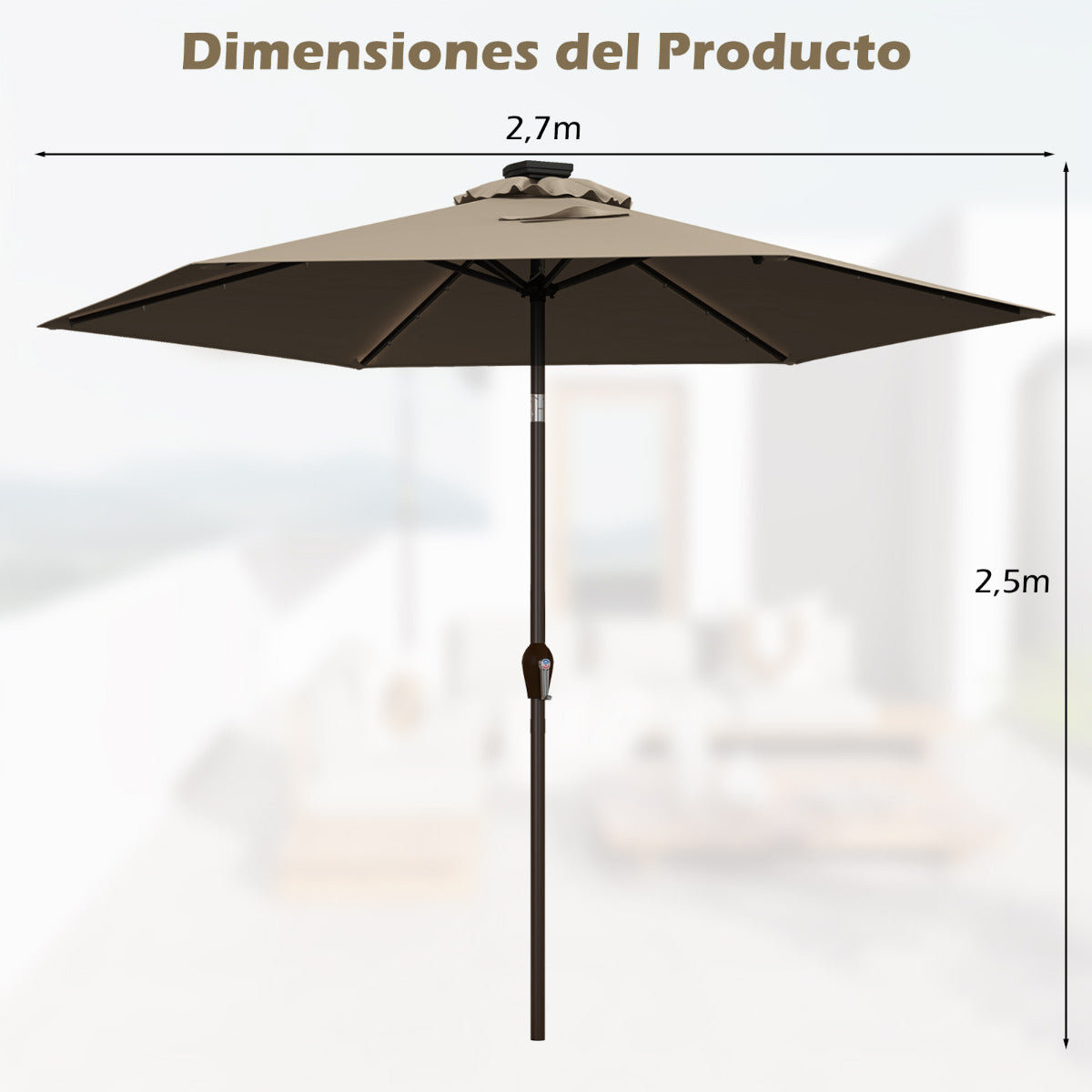 Paraguas con luces de jardín LED en hierro de Ø270 cm Parasol exterior Marrón
