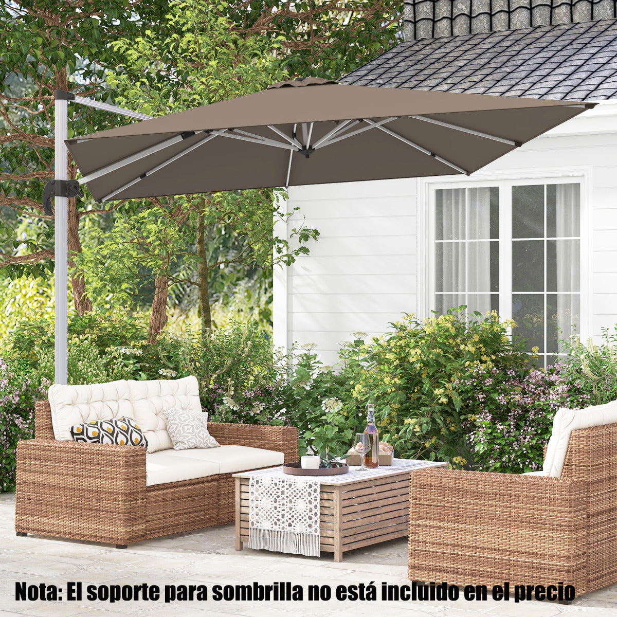 Sombrilla 3 m Cuadrada de Aluminio con Rotación de 360° Inclinación Ajustable Resistente al Viento para Patio Piscina Terraza Marrón