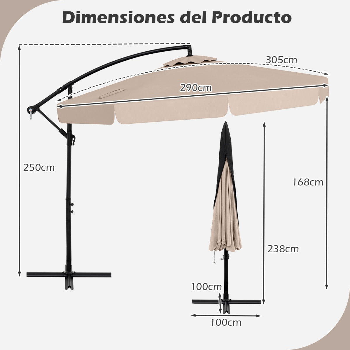 Sombrilla Colgante de 305 cm con Funda Ajuste de Inclinación Manivela 8 Varillas para Exterior-Beige