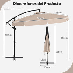 Sombrilla Colgante de 305 cm con Funda Ajuste de Inclinación Manivela 8 Varillas para Exterior-Beige