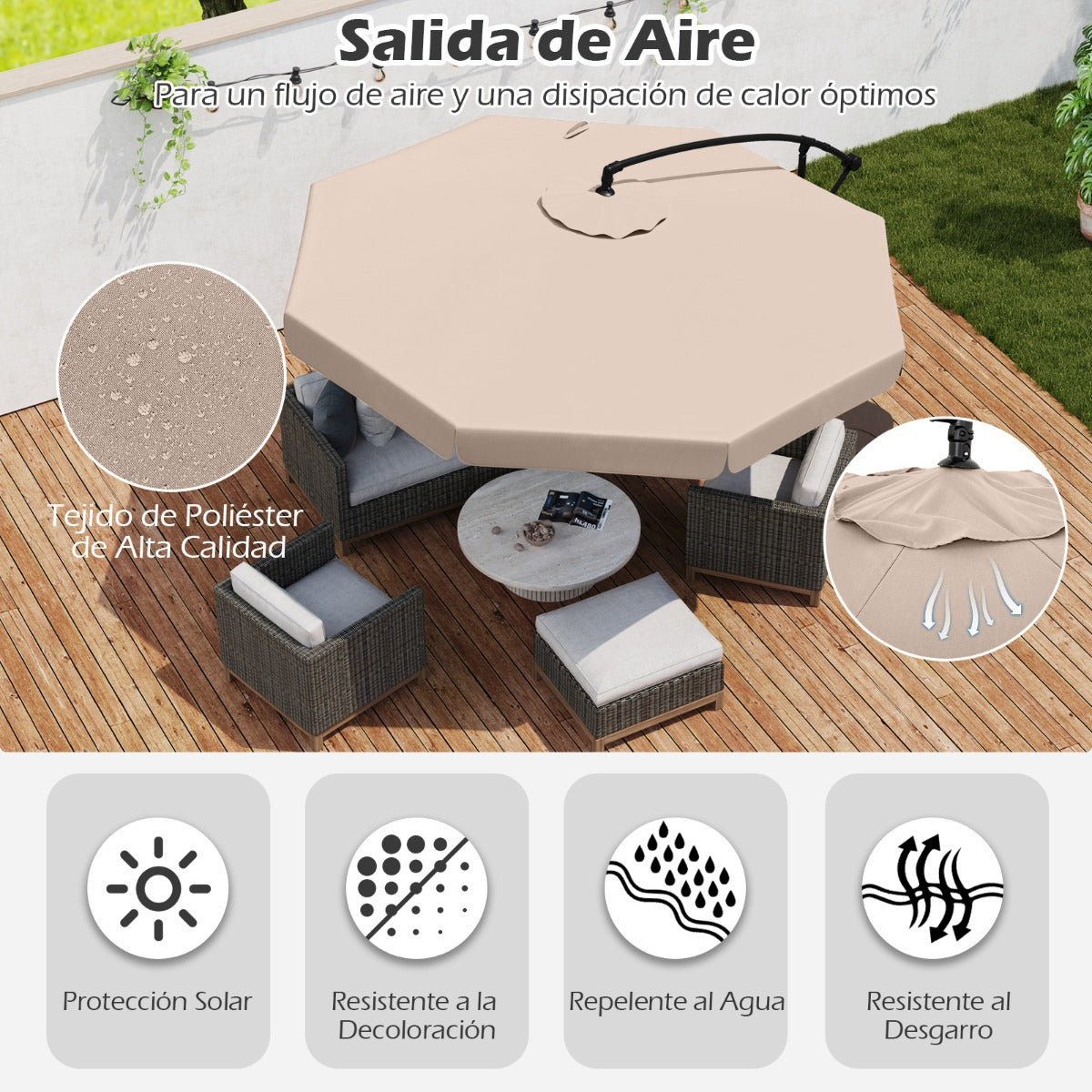 Sombrilla Colgante de 305 cm con Funda Ajuste de Inclinación Manivela 8 Varillas para Exterior-Beige
