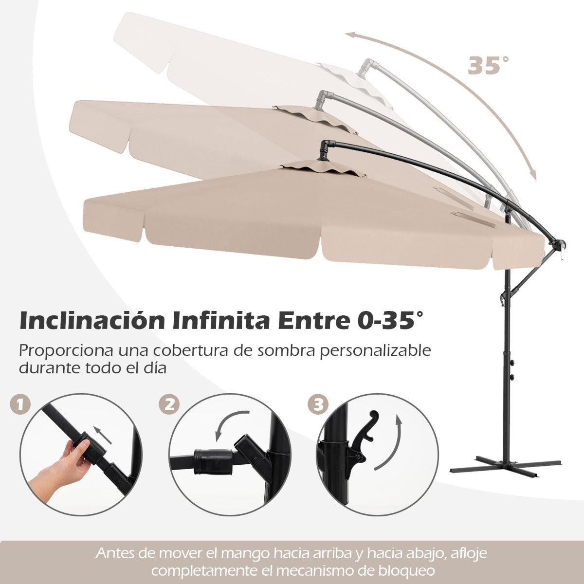 Sombrilla Colgante de 305 cm con Funda Ajuste de Inclinación Manivela 8 Varillas para Exterior-Beige