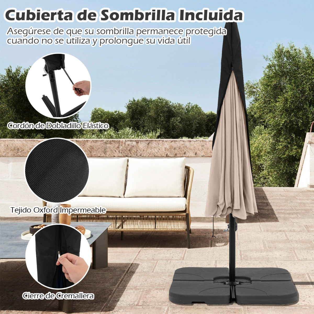 Sombrilla Colgante de 305 cm con Funda Ajuste de Inclinación Manivela 8 Varillas para Exterior-Beige