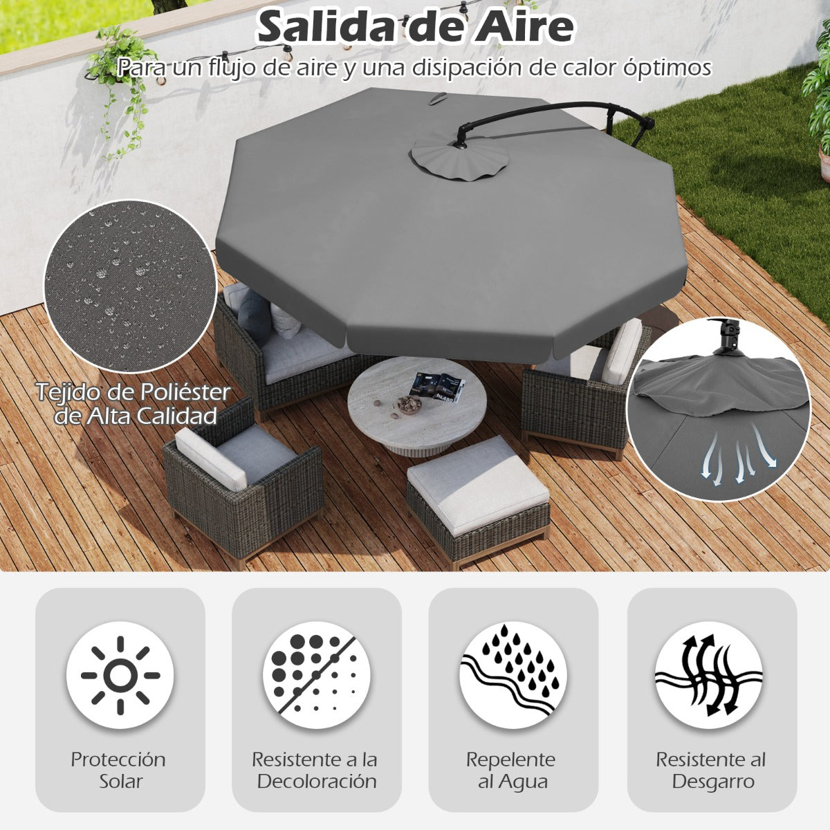 Sombrilla Colgante de 305 cm con Funda Ajuste de Inclinación Manivela 8 Varillas para Exterior-Gris