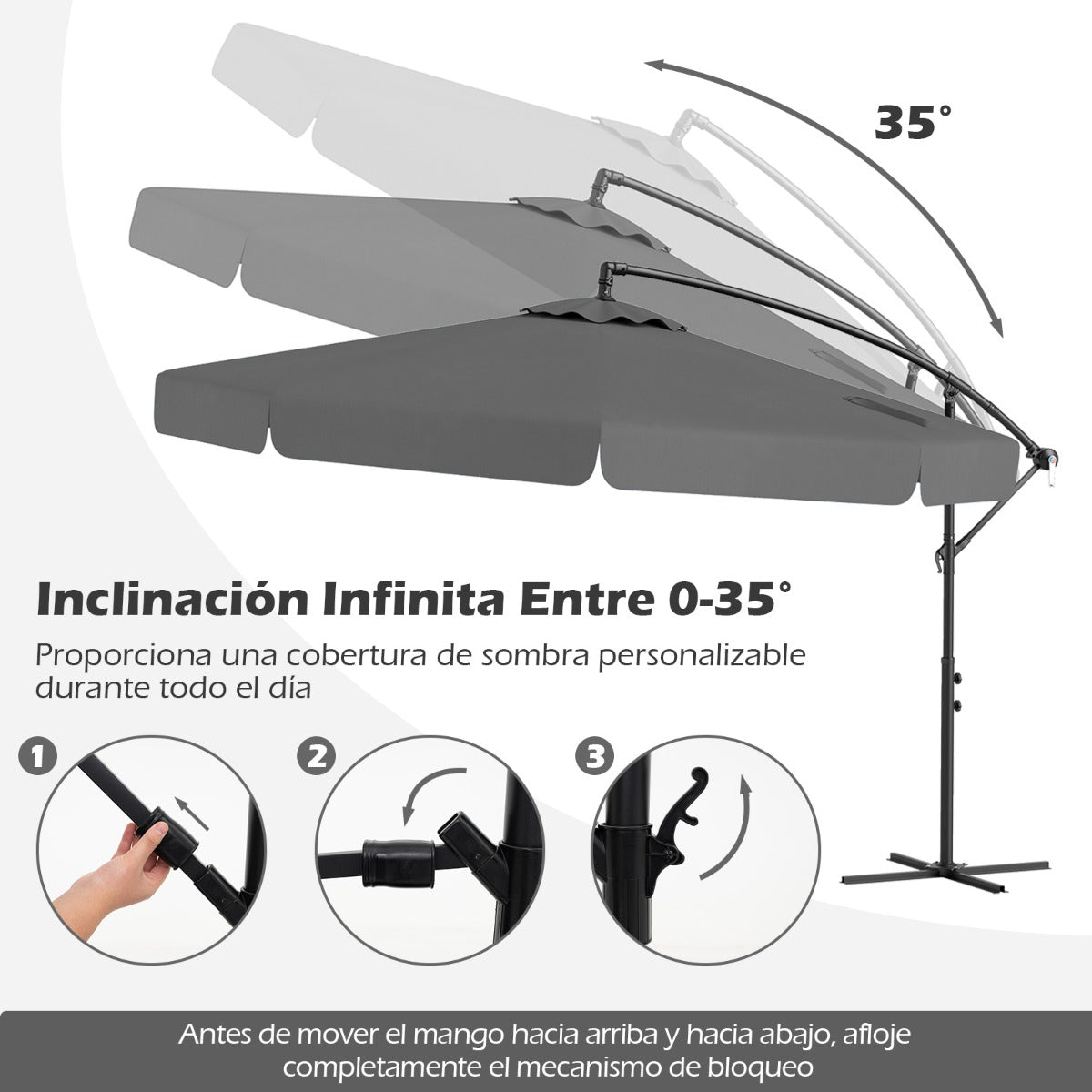 Sombrilla Colgante de 305 cm con Funda Ajuste de Inclinación Manivela 8 Varillas para Exterior-Gris