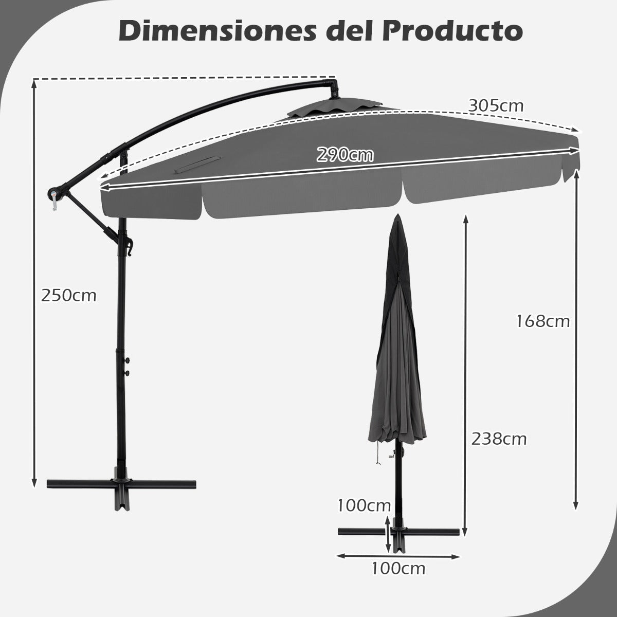 Sombrilla Colgante de 305 cm con Funda Ajuste de Inclinación Manivela 8 Varillas para Exterior-Gris
