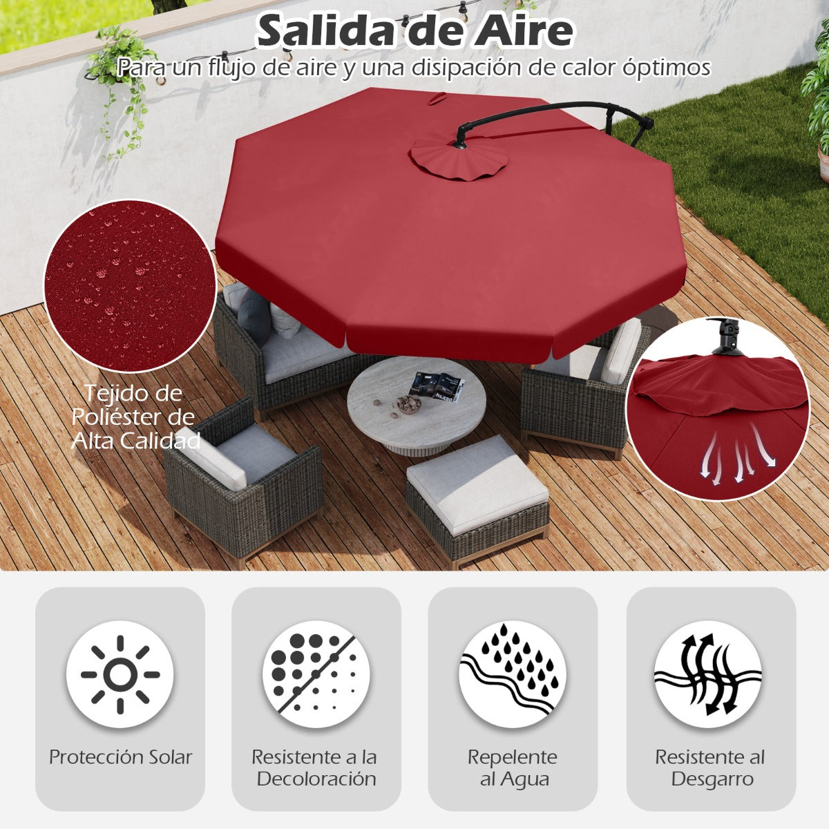 Sombrilla Colgante de 305 cm con Funda Ajuste de Inclinación Manivela 8 Varillas para Exterior-Rojo