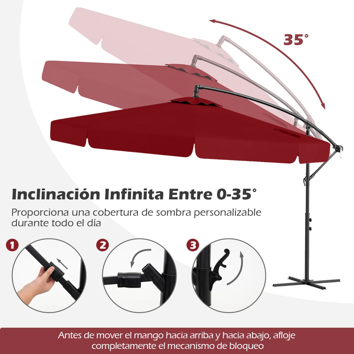Sombrilla Colgante de 305 cm con Funda Ajuste de Inclinación Manivela 8 Varillas para Exterior-Rojo