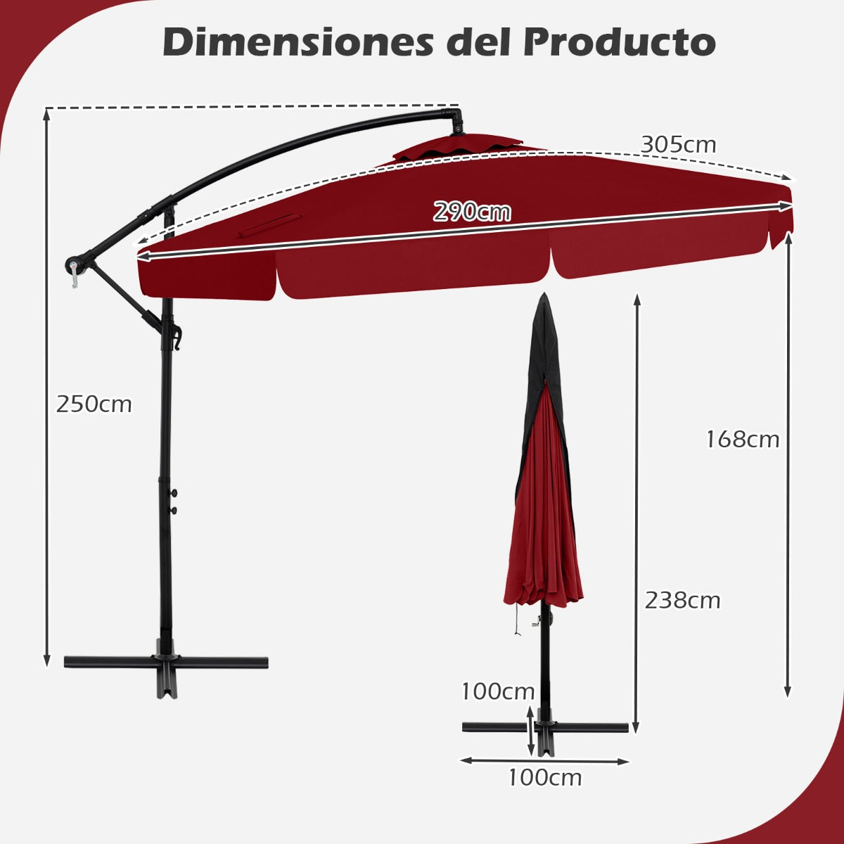 Sombrilla Colgante de 305 cm con Funda Ajuste de Inclinación Manivela 8 Varillas para Exterior-Rojo