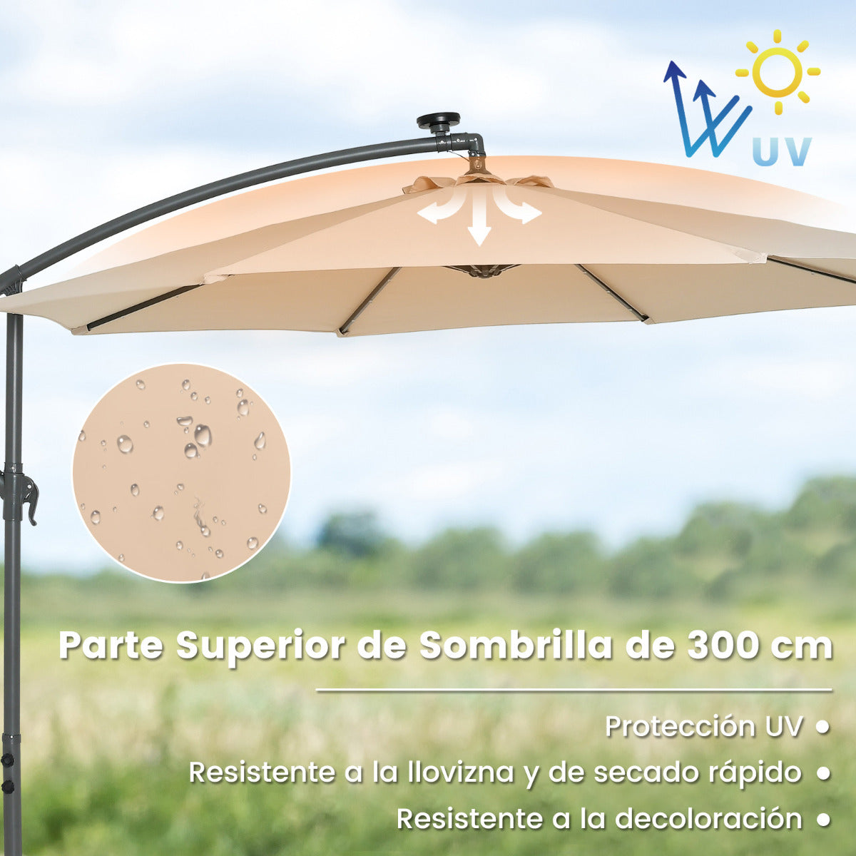 3m Sombrilla con Manivela 32 Luces LED Panel Solar Parasol Base Saco de Arena Toldo Impermeable para Playa Patio Jardín Piscina Beige