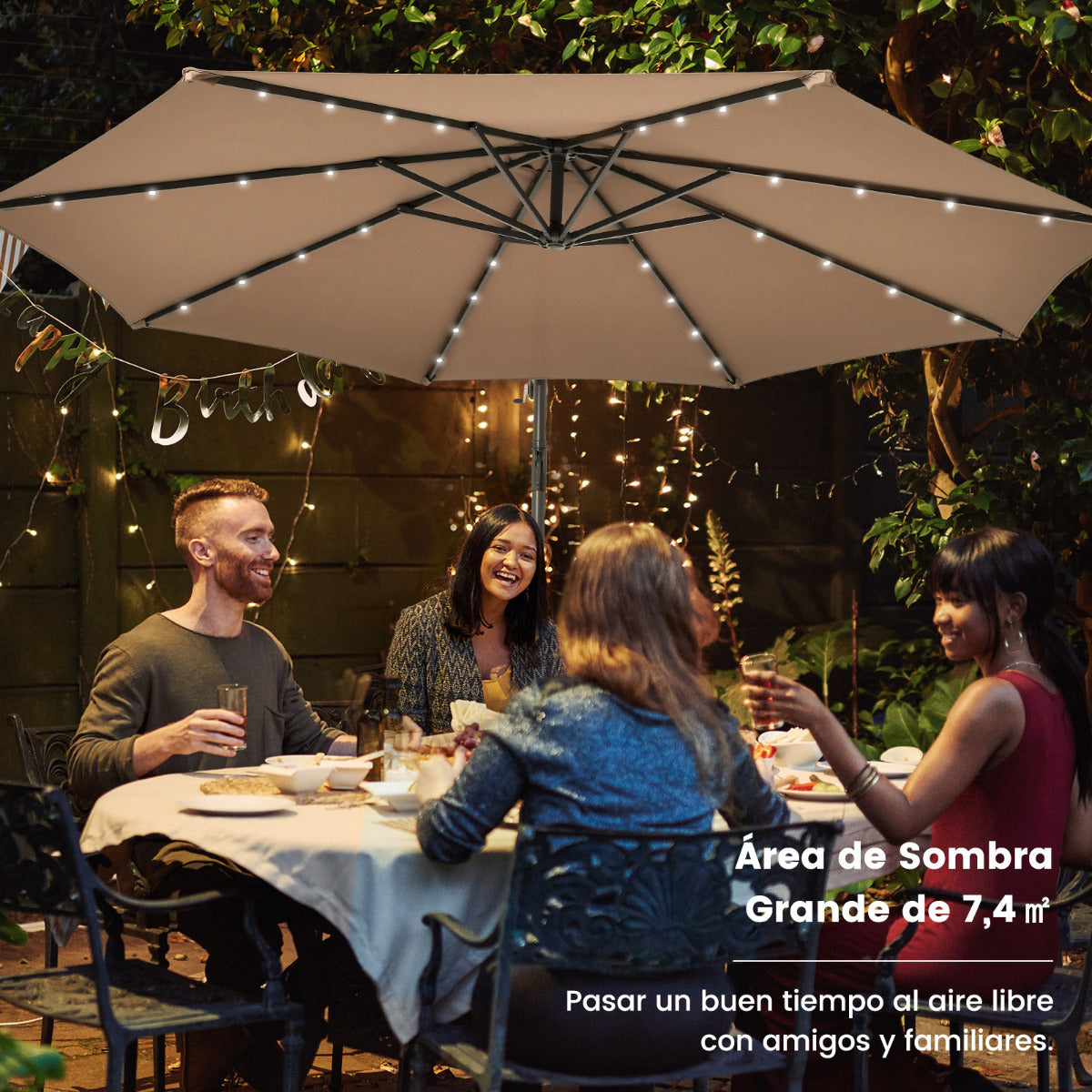 3m Sombrilla con Manivela 32 Luces LED Panel Solar Parasol Base Saco de Arena Toldo Impermeable para Playa Patio Jardín Piscina Beige