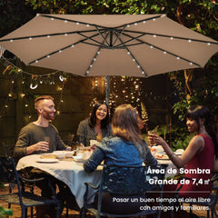 3m Sombrilla con Manivela 32 Luces LED Panel Solar Parasol Base Saco de Arena Toldo Impermeable para Playa Patio Jardín Piscina Beige