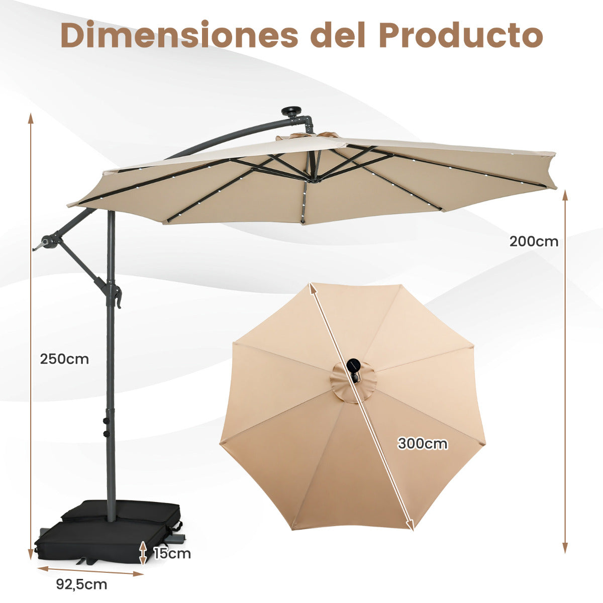 3m Sombrilla con Manivela 32 Luces LED Panel Solar Parasol Base Saco de Arena Toldo Impermeable para Playa Patio Jardín Piscina Beige