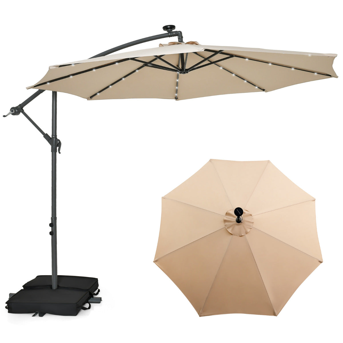 3m Sombrilla con Manivela 32 Luces LED Panel Solar Parasol Base Saco de Arena Toldo Impermeable para Playa Patio Jardín Piscina Beige