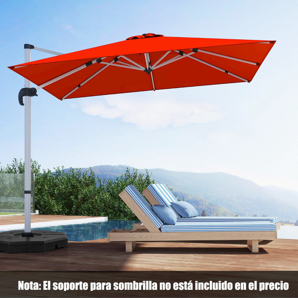 Sombrilla 3 m Cuadrada de Aluminio con Rotación de 360° Inclinación Ajustable Resistente al Viento para Patio Piscina Terraza Naranja