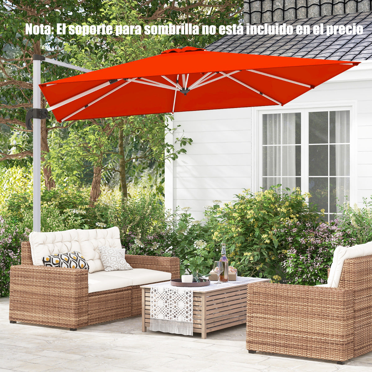 Sombrilla 3 m Cuadrada de Aluminio con Rotación de 360° Inclinación Ajustable Resistente al Viento para Patio Piscina Terraza Naranja