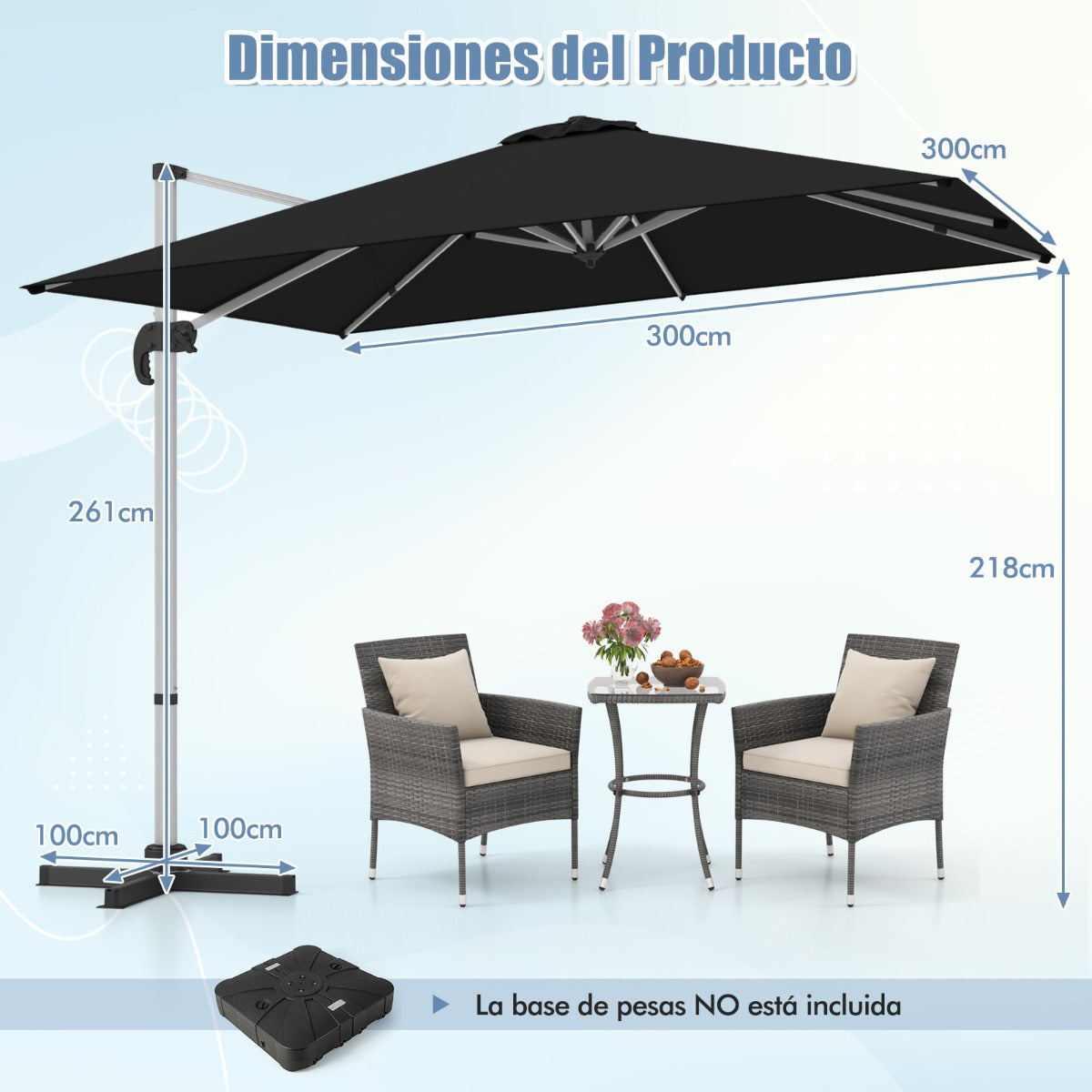 Sombrilla 3 m Cuadrada de Aluminio con Rotación de 360° Inclinación Ajustable Resistente al Viento para Patio Piscina Terraza Negro