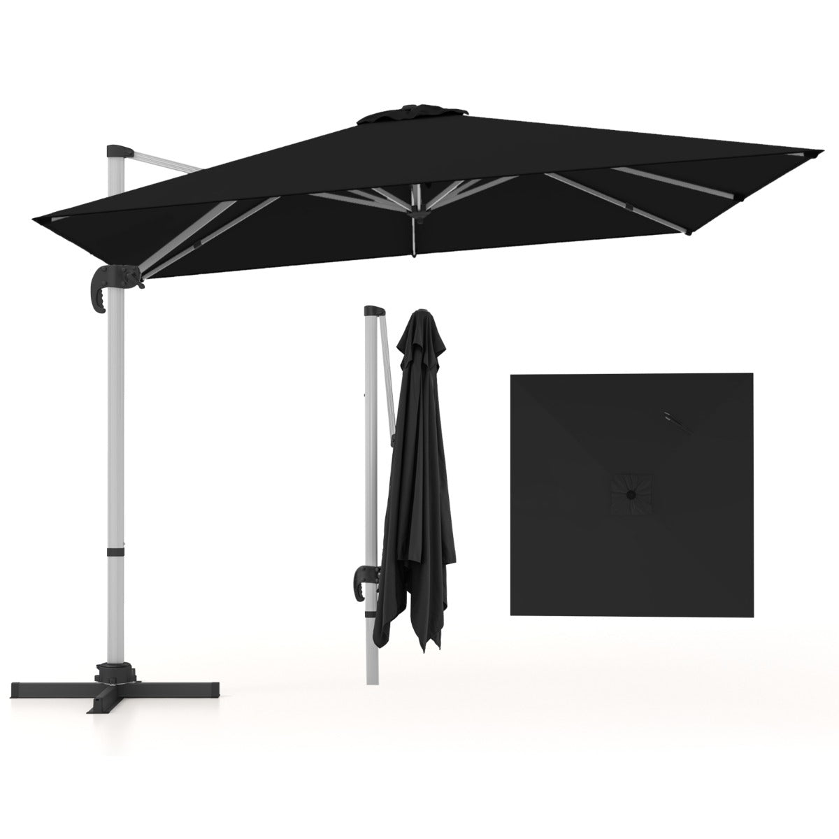 Sombrilla 3 m Cuadrada de Aluminio con Rotación de 360° Inclinación Ajustable Resistente al Viento para Patio Piscina Terraza Negro