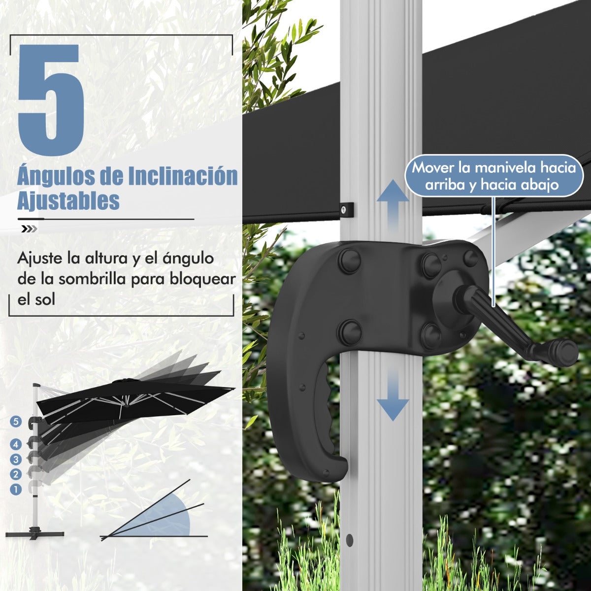 Sombrilla 3 m Cuadrada de Aluminio con Rotación de 360° Inclinación Ajustable Resistente al Viento para Patio Piscina Terraza Negro