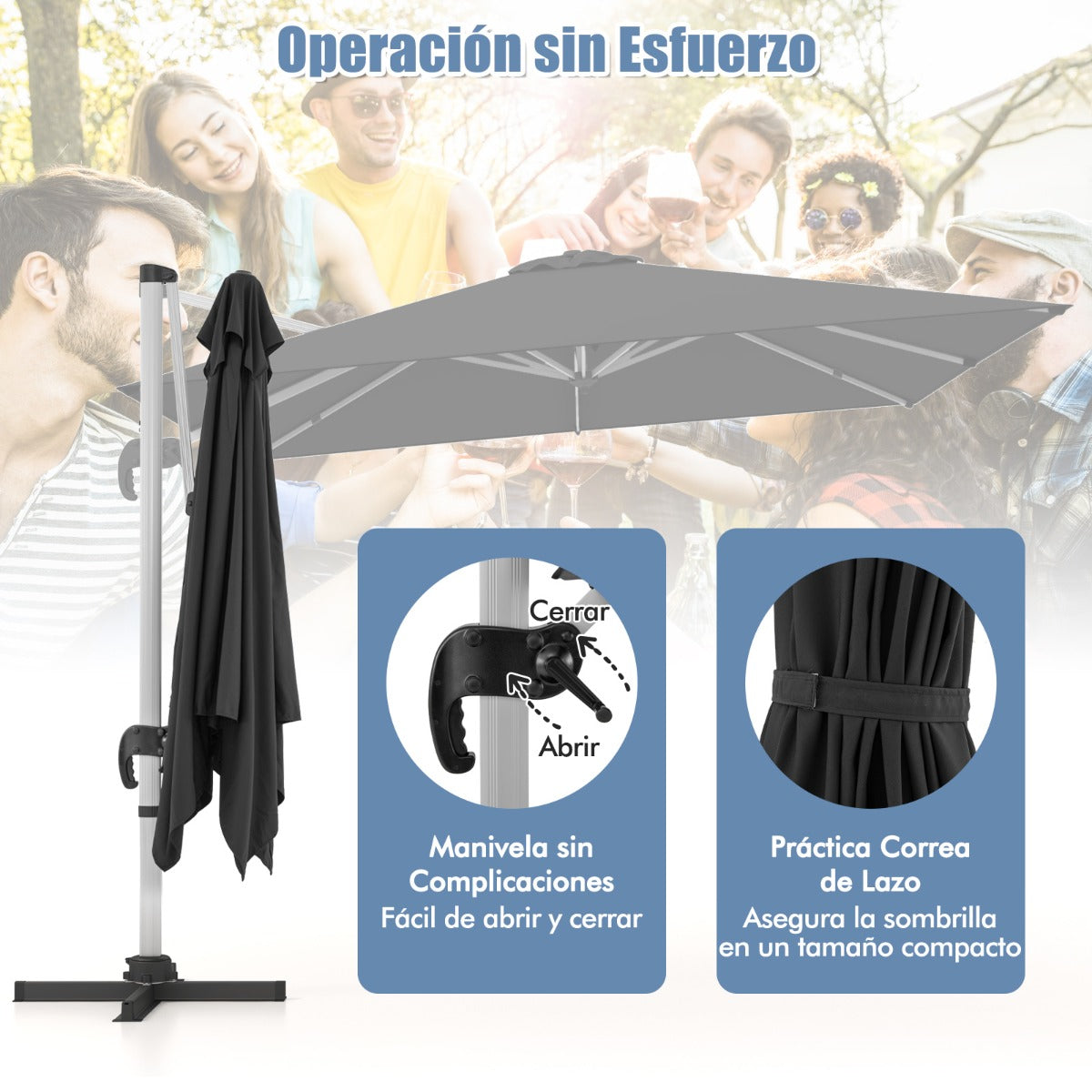 Sombrilla 3 m Cuadrada de Aluminio con Rotación de 360° Inclinación Ajustable Resistente al Viento para Patio Piscina Terraza Negro