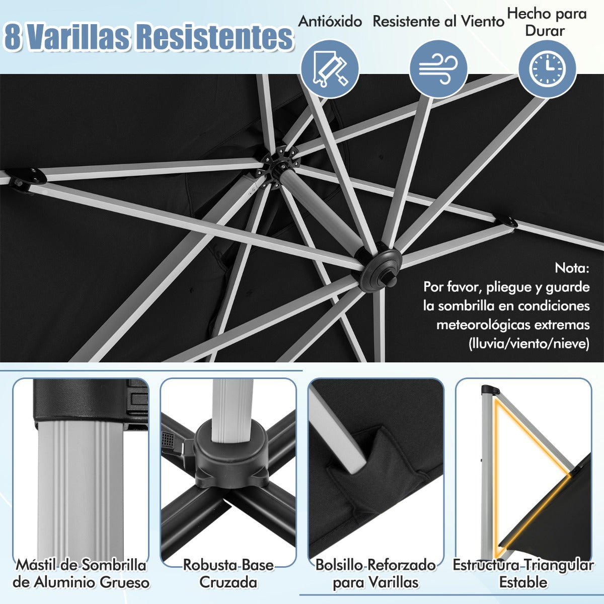 Sombrilla 3 m Cuadrada de Aluminio con Rotación de 360° Inclinación Ajustable Resistente al Viento para Patio Piscina Terraza Negro