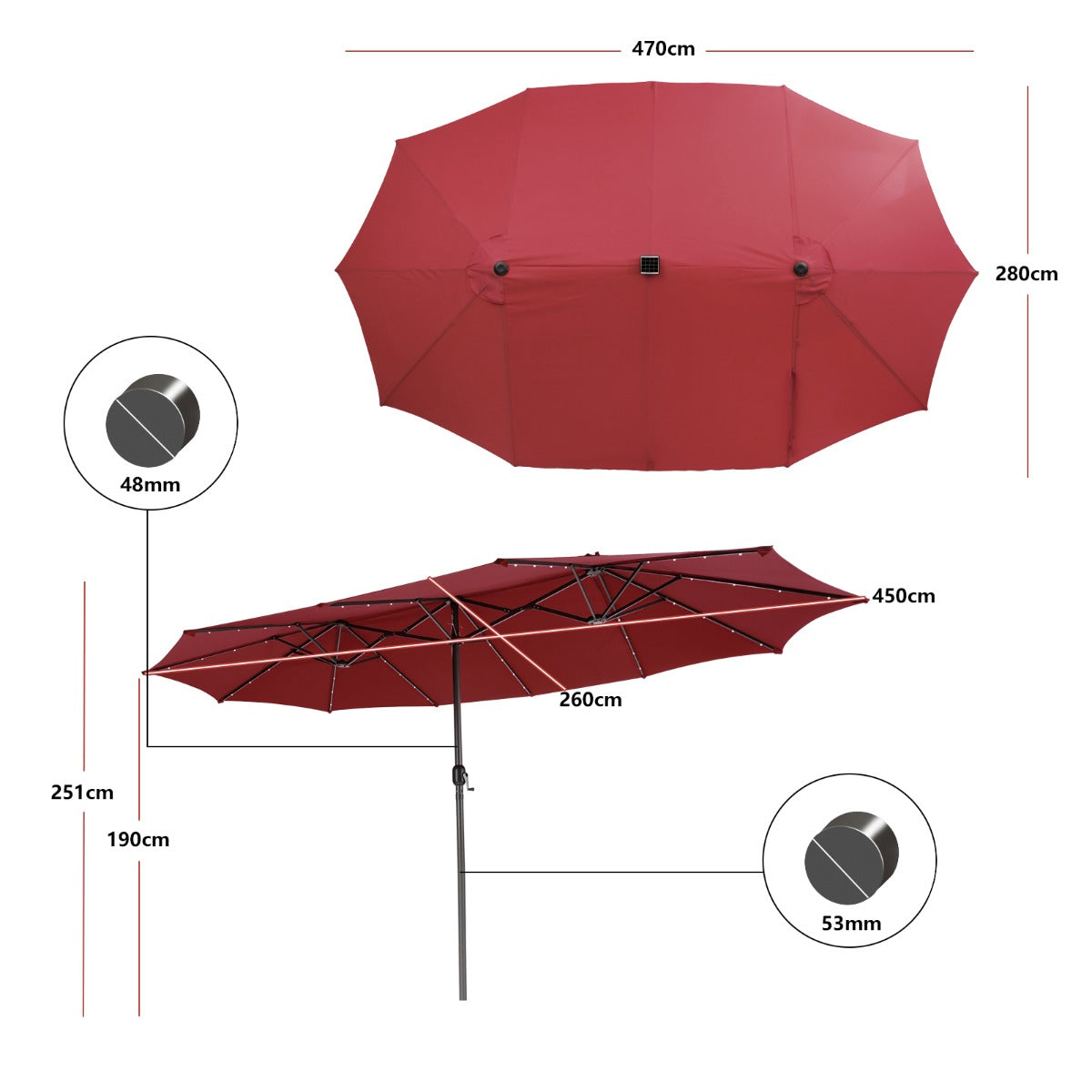 Sombrilla de Doble Cara de 470 cm con 48 Luces LED Panel Solar de Carga Automática Sistema de Manivela para Piscina Jardín Patio Rojo