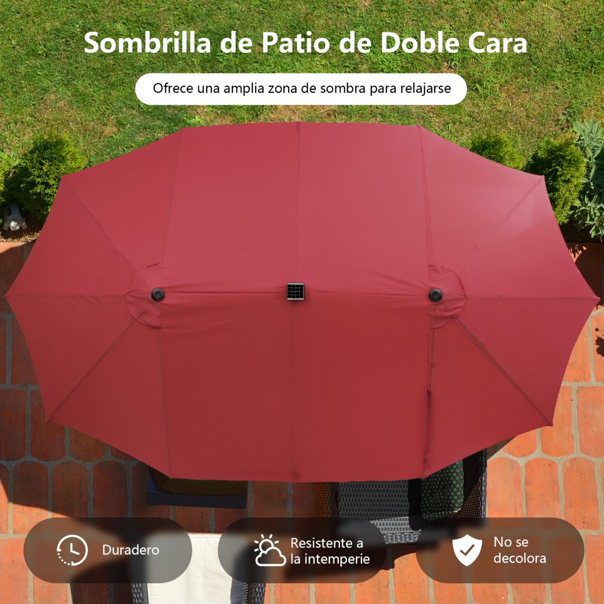 Sombrilla de Doble Cara de 470 cm con 48 Luces LED Panel Solar de Carga Automática Sistema de Manivela para Piscina Jardín Patio Rojo