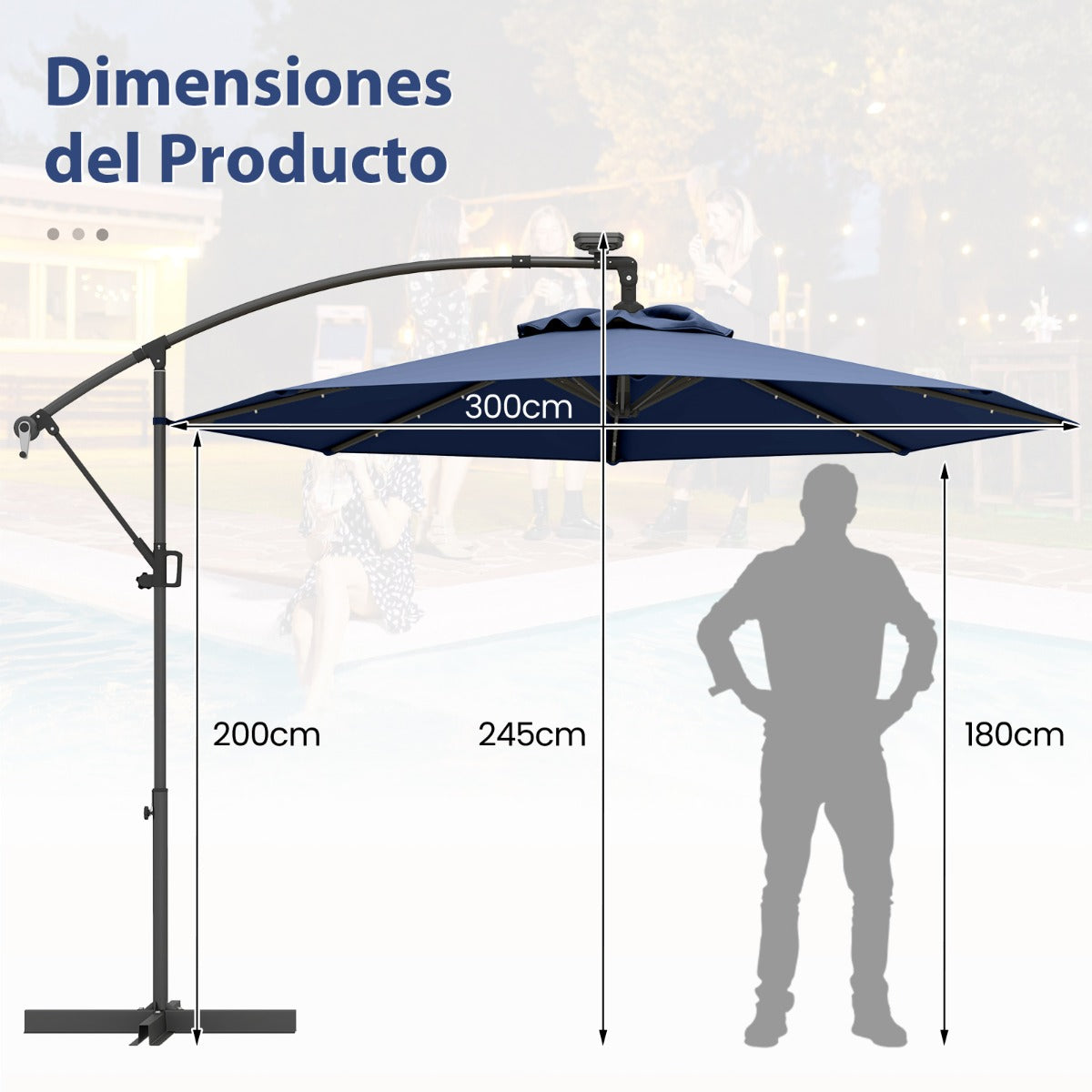 3m Sombrilla de Exterior Rotación de 360° con 32 Luces LED Fácil Ajuste de Inclinación Manivela Azul Marino