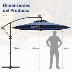 3m Sombrilla de Exterior Rotación de 360° con 32 Luces LED Fácil Ajuste de Inclinación Manivela Azul Marino