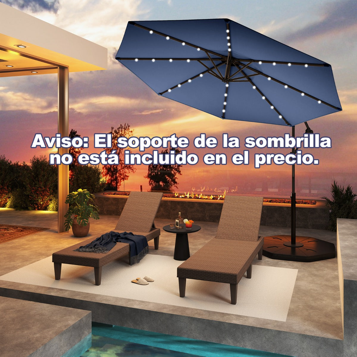 3m Sombrilla de Exterior Rotación de 360° con 32 Luces LED Fácil Ajuste de Inclinación Manivela Azul Marino
