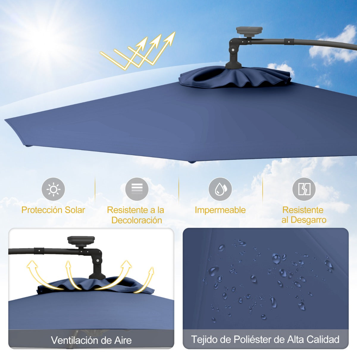 3m Sombrilla de Exterior Rotación de 360° con 32 Luces LED Fácil Ajuste de Inclinación Manivela Azul Marino