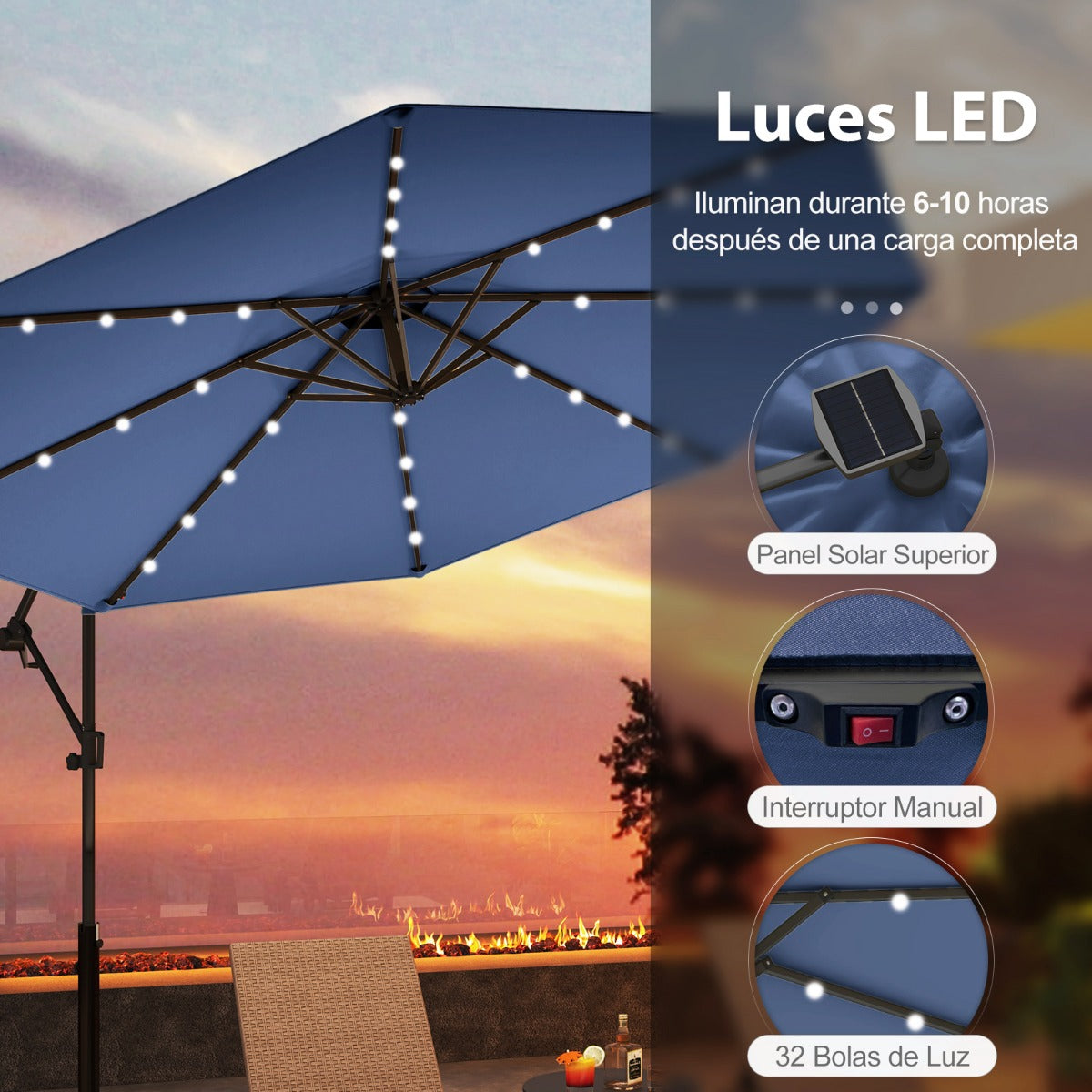 3m Sombrilla de Exterior Rotación de 360° con 32 Luces LED Fácil Ajuste de Inclinación Manivela Azul Marino